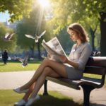 Frau sitzt auf einer Bank im Park und liest Zeitung